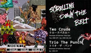 Main character from Two Crude holding up a traffic light, surrounded by characters from Trio The Punch.