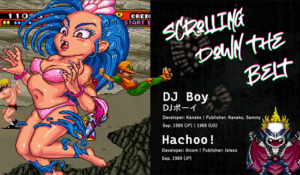 The female enemy in Hachoo! being thrown toward the screen, scantily clad. DJ Boy is jumping, and also Demon Kakka appears in the corner.