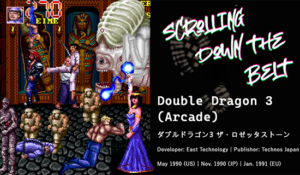 The player characters from Double Dragon 3 fighting various enemies in comedic poses