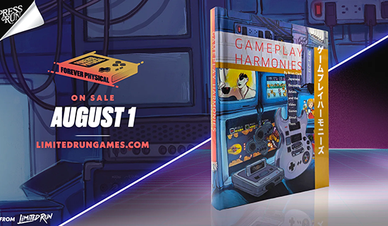 Limited Run Games product image of my new book, Gameplay Harmonies. It features the book sitting at an angle with a retro inspired background, stating that it will release on August 1st 2024.