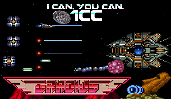 I Can, You Can, 1CC featured image for Gradius. This features the Gradius arcade logo at the bottom, along with the Big Core shooting at the Vic Viper. Also featured are a moai head shooting cheerio-like lasers, and some Zubs coming in from the back of the Vic Viper.