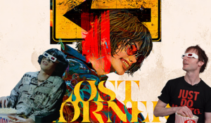 The album art for Lost Corner (which features an artists rendering of Yonezu crouched and wearing red glasses) as the background, with an image of Yonezu from the "Mainichi" music video on the left, seated with a popcorn bucket and wearing 3D glasses. An equivalent image of me is pictured on the right.