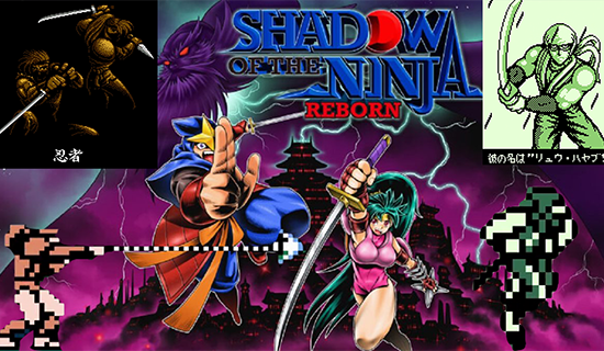 The splash art for Shadow of the Ninja Reborn, featuring an updated Hayate and Kaede. In this picture with them is sprite art of the old versions of them on the NES, as well as sprite art of Ryu Hayabusa from Ninja Gaiden Shadow on the Game Boy.