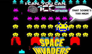 A screen from the arcade game Space Invaders, featuring an Invader exclaiming "That score's too high!"